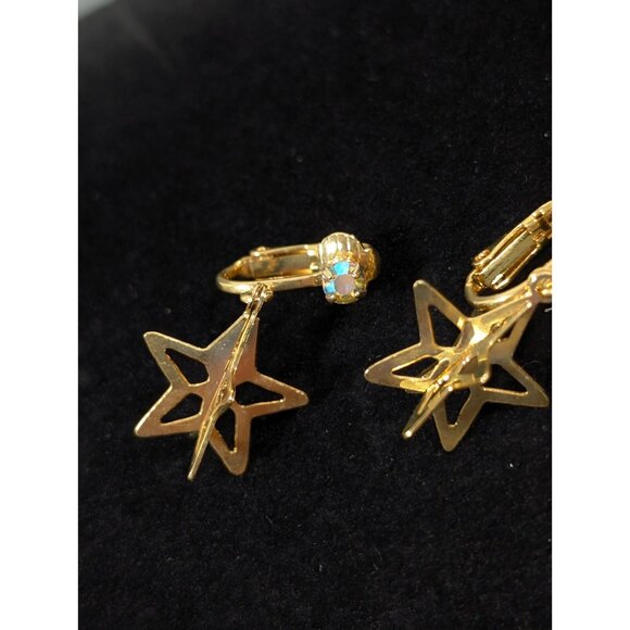 Vintage Gold Tone 3D Star AB Rhinestone Dangle Clip On Earrings - Picture 4 of 7